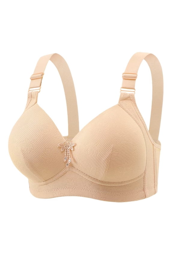 Plus Size Medium Wide Adjustable Strap V Neck Emboss Texture Tassel Charm Front Wireless Full Coverage Bra Beige 44