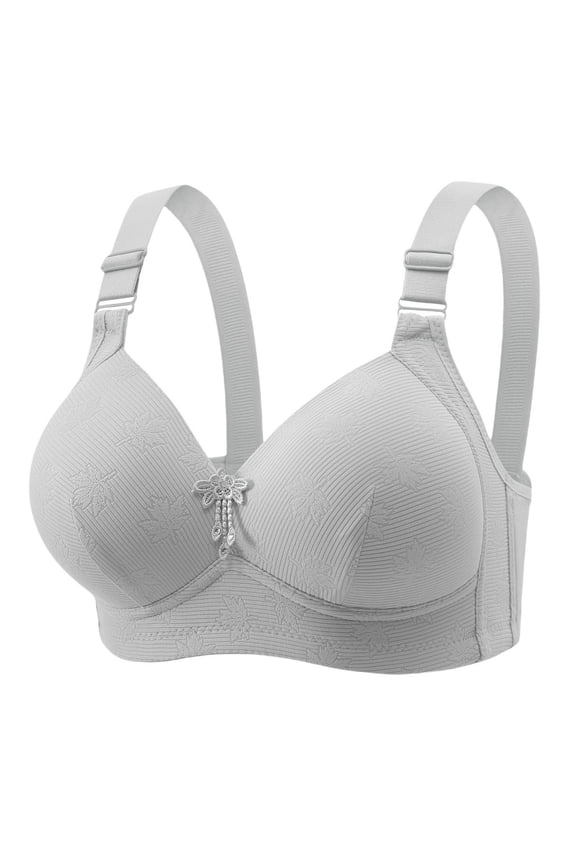 Plus Size Medium Wide Adjustable Strap V Neck Emboss Texture Tassel Charm Front Wireless Full Coverage Bra Gray 40
