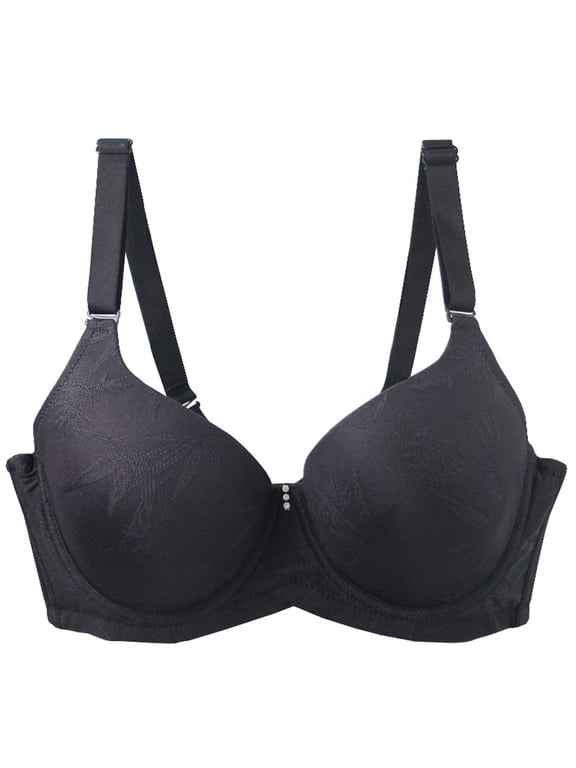 Plus Size Wide Adjustable Strap Bamboo Leaf Jacquard V Neck Underwire Full Coverage Side Fat Gathering Bra Black 75C