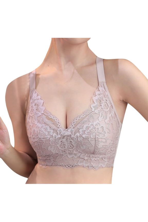 Plus Size Wide Adjustable Strap Full Floral Lace V Neck Wireless Full Coverage Side Fat Contouring Everyday Bra Pink M