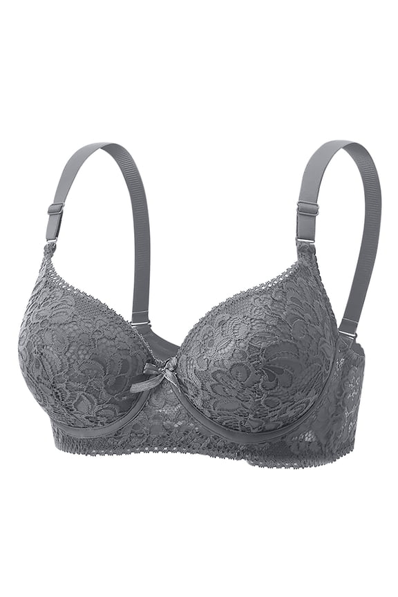 Plus Size Wide Adjustable Strap Full Lace V Neck Bow Front Underwire Full Coverage Shaping Bra Dark Gray M