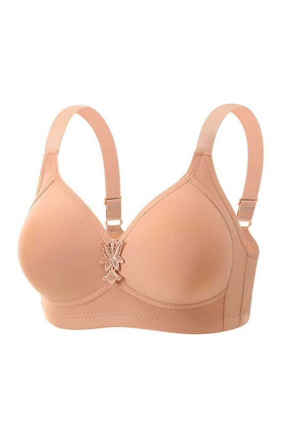 Plus Size Wide Adjustable Strap Solid Smooth V Neck Floral Rhinestone Front Wireless Everyday Support Bra Pink 38
