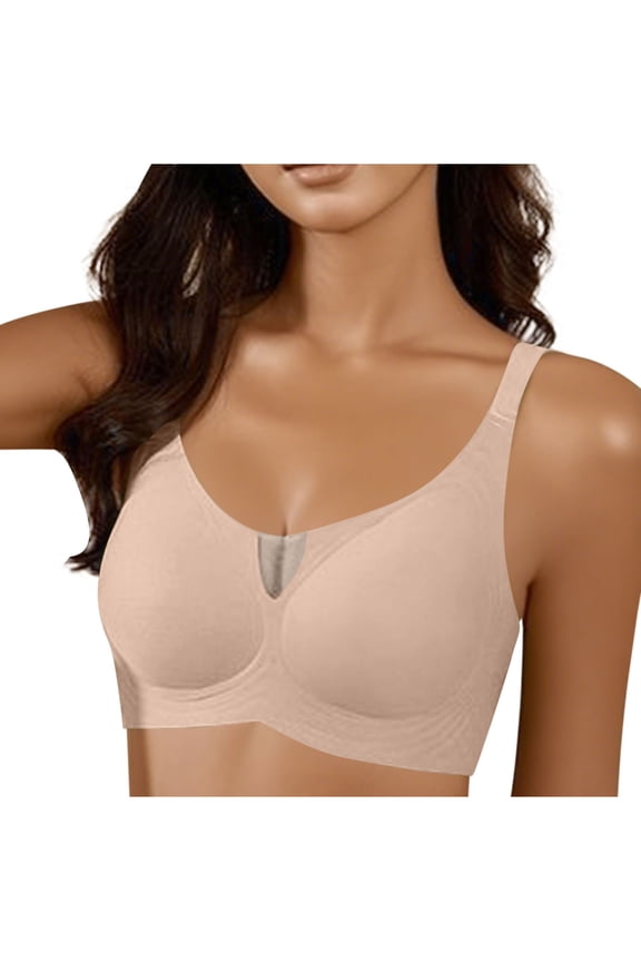 Plus Size Wide Vest Strap U Neck Center Cutout Vertical Rib Wireless Full Coverage Comfort Bra Beige L