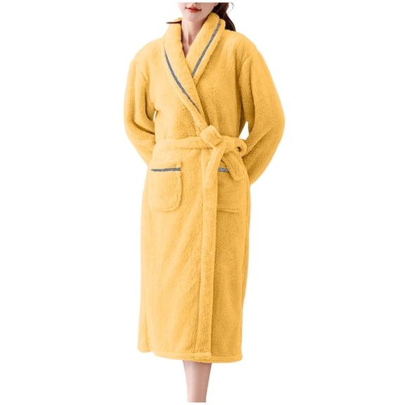MGDXOX Plush Long Robes for Women Soft Fleece Bathrobe Plus Size Bath Robe Sleepwear Winter Warm Housecoat with Belt Yellow XL