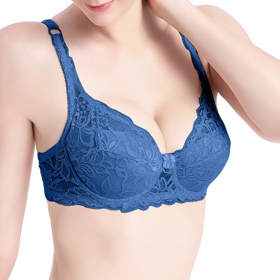 MGDXOX Push Up Bras for Women Breathable Lace Underwire Plunge Lift Full Coverage T Shirt Bra Adjustable Straps Navy M