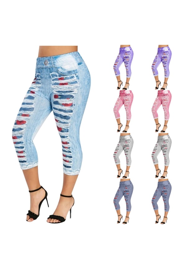 Ripped Cropped Jeans for Women High Elastic Waist Butt Lifting Stretchy Skinny Faux Jeans Slimming Trendy Capri Pant Pink S