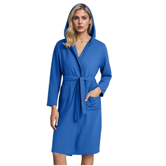 MGDXOX Robes for Women Waffle Knit Bathrobe Hooded Soft Robe Knee Length Loungewear with Pockets Womens Lightweight Robes Blue L