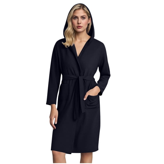 MGDXOX Robes for Women Waffle Knit Bathrobe Hooded Soft Robe Knee Length Loungewear with Pockets Womens Lightweight Robes Navy XL