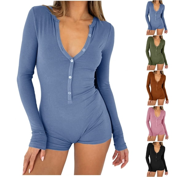 MGDXOX Rompers Pajama for Women Slim Fit Casual Long Sleeve Button Deep V Neck One Piece Bodycon Shorts Jumpsuits Blue M