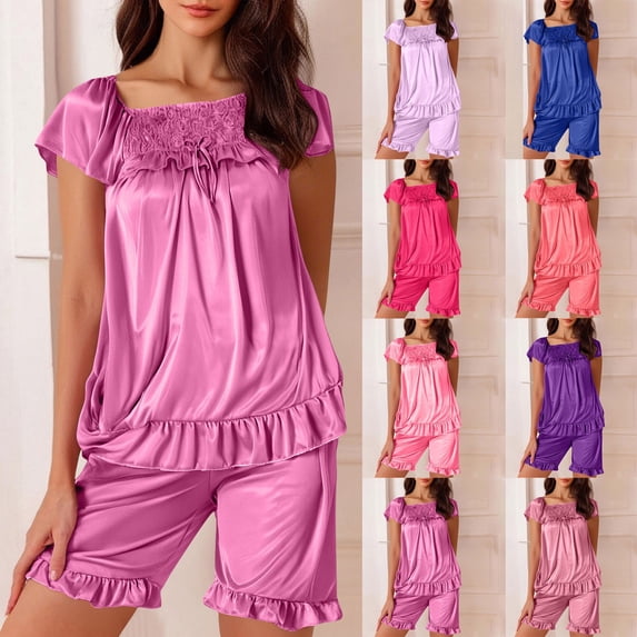 MGDXOX Satin Pajama Set for Women 2 Piece Silk Pjs Soft Short Sleeve Square Neck Sleepwear Top with Ruffle Shorts Outfits Red Free Size