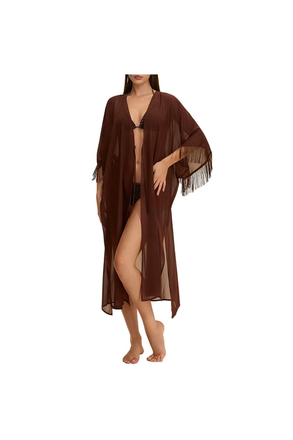 Sheer Tassels Dress Gown for Women Bell Sleeve Kimono Robe See Through Swimsuit Coverup Lingerie Sleepwear Coffee Free Size