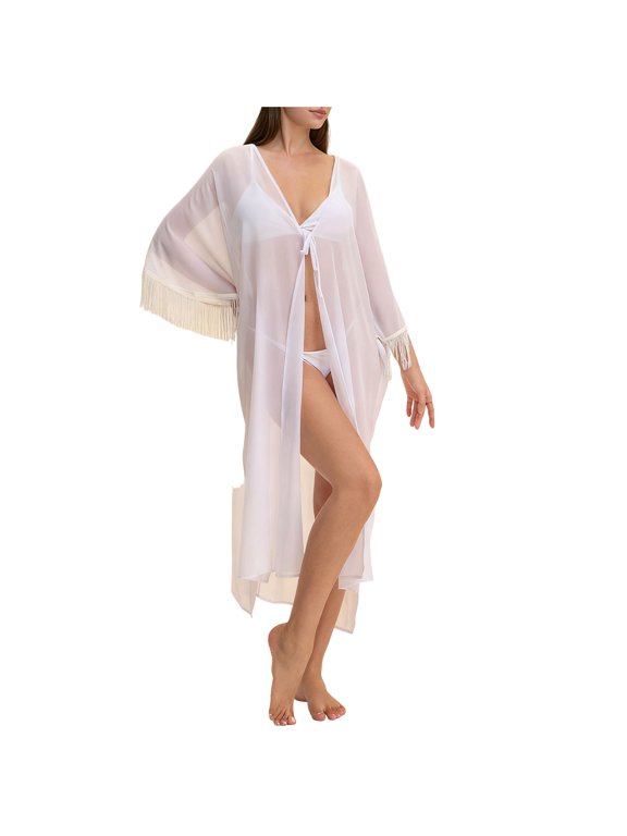 Sheer Tassels Dress Gown for Women Bell Sleeve Kimono Robe See Through Swimsuit Coverup Lingerie Sleepwear White Free Size