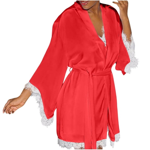 MGDXOX Silky Satin Robe for Women Lightweight Short Kimono Pajamas Lace Lingerie Bride Bridesmaids Sleepwear Soft Nightgown Red L