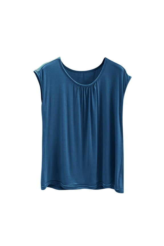 Sleep Shirts for Women Pajama Tops Modal Round Neck Solid Color Pajamas Top Cap Sleeve Pleated Shirts Navy M