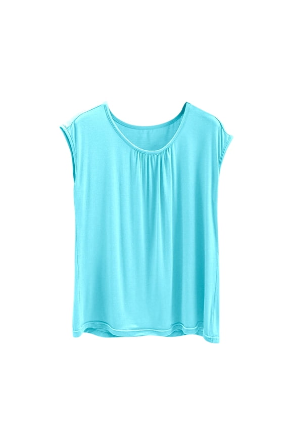 Sleep Shirts for Women Pajama Tops Modal Round Neck Solid Color Pajamas Top Cap Sleeve Pleated Shirts Sky Blue M