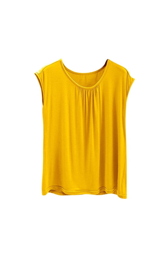 Sleep Shirts for Women Pajama Tops Modal Round Neck Solid Color Pajamas Top Cap Sleeve Pleated Shirts Yellow M