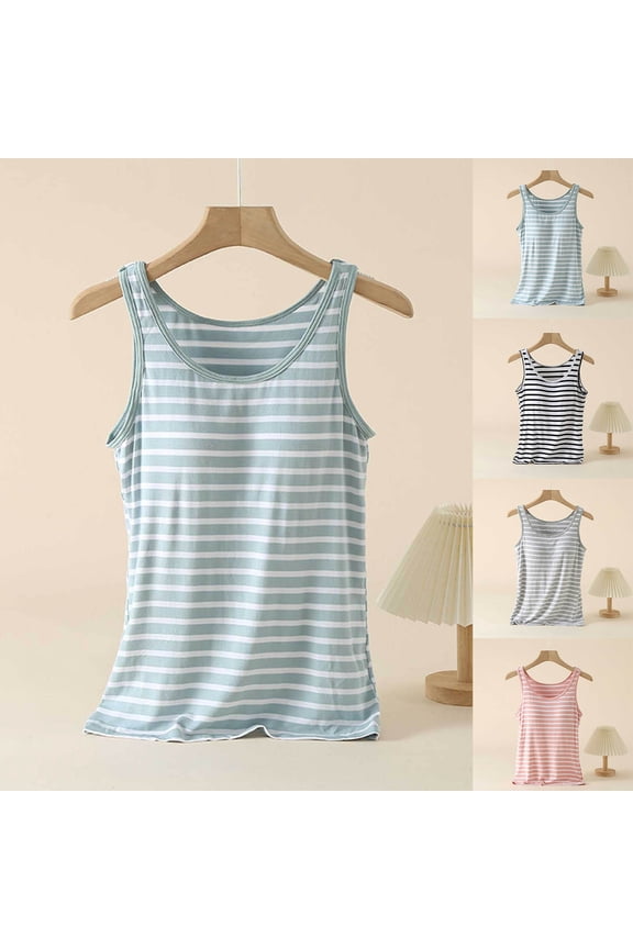 Tank Tops for Women Built in Bra Classic Casual Home Clothes Comfy Striped Cotton Sleeveless Layer Pajama Green XL