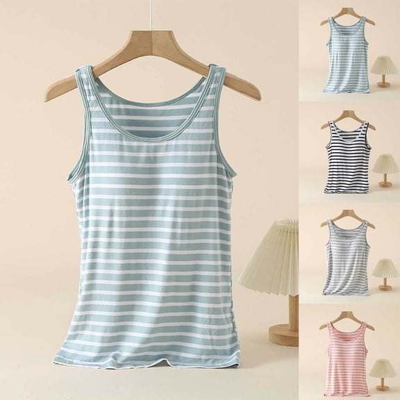 MGDXOX Tank Tops for Women Built in Bra Classic Casual Home Clothes Comfy Striped Cotton Sleeveless Layer Pajama Pink M