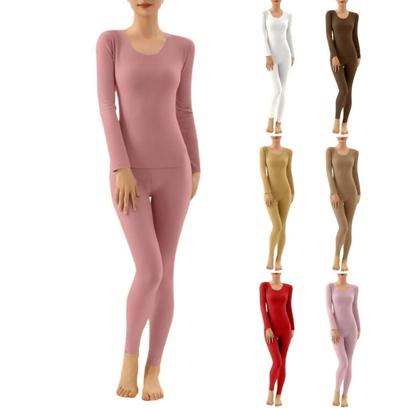 MGDXOX Thermal Solid Color Underwear for Women Set Long Sleeve Pajamas and Compression Tights Seamless Loungewear Red XXL