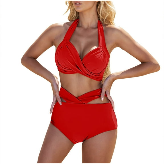 MGDXOX Two Piece Swimsuit for Women High Waisted Tummy Control Bikini Set Tie Back Halter Push Up Ruched Bathing Suits Red M