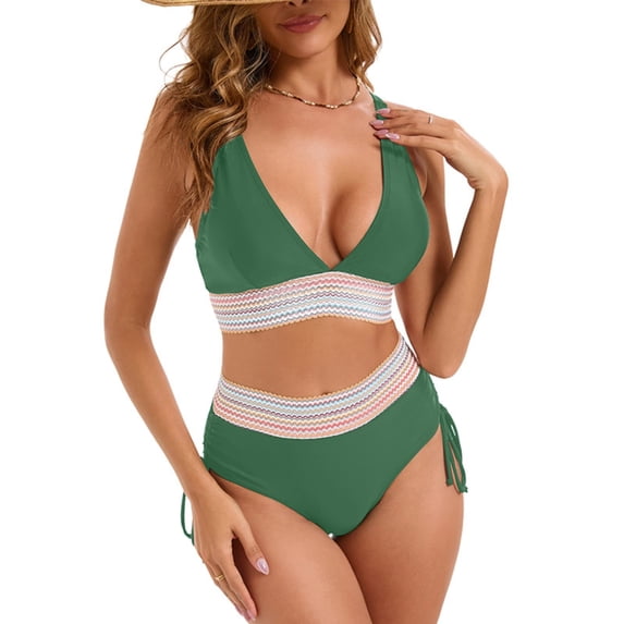 MGDXOX Two Piece Swimsuit for Women Tummy Control High Waisted Bathing Suit Boho Embroidered Patchwork Bikini Set Green M