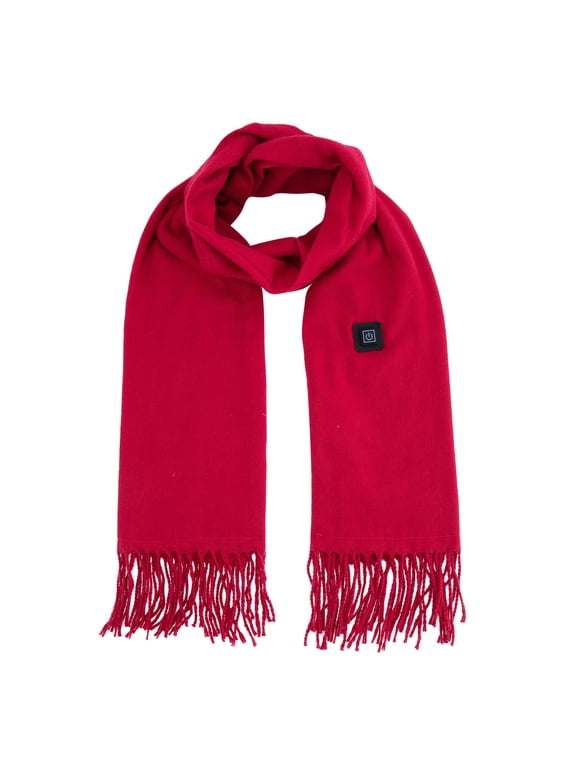 USB Heated Fringed Scarf for Women Men 3‑Speed Adjustable Heating Neck & Shoulder Warmer Soft Winter Thermal Wrap Outdoor Cold Protection Shawl Red Free Size