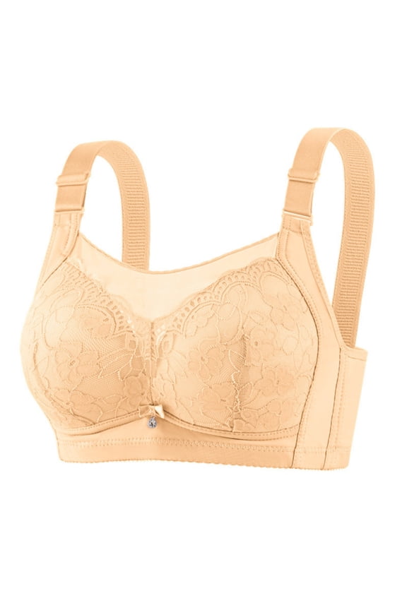 Wide Adjustable Strap Anti-exposure Mesh Top Floral Lace V Neck Underwire Side Fat Contouring Full Coverage Bra Beige XXL