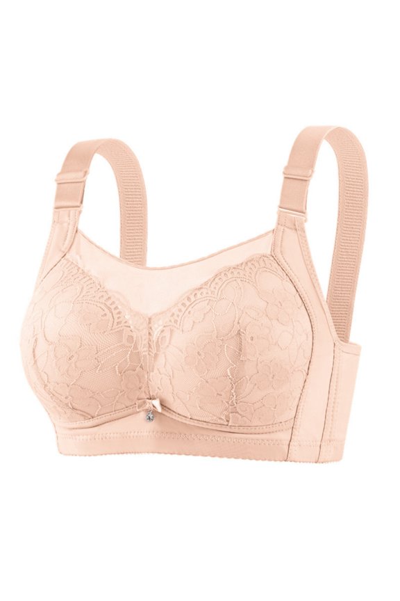 Wide Adjustable Strap Anti-exposure Mesh Top Floral Lace V Neck Underwire Side Fat Contouring Full Coverage Bra Pink XL