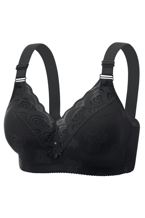 Wide Adjustable Strap Scalloped V Neck Allover Jacquard Lace Floral Charm Front Wireless Lift Bra Black 44