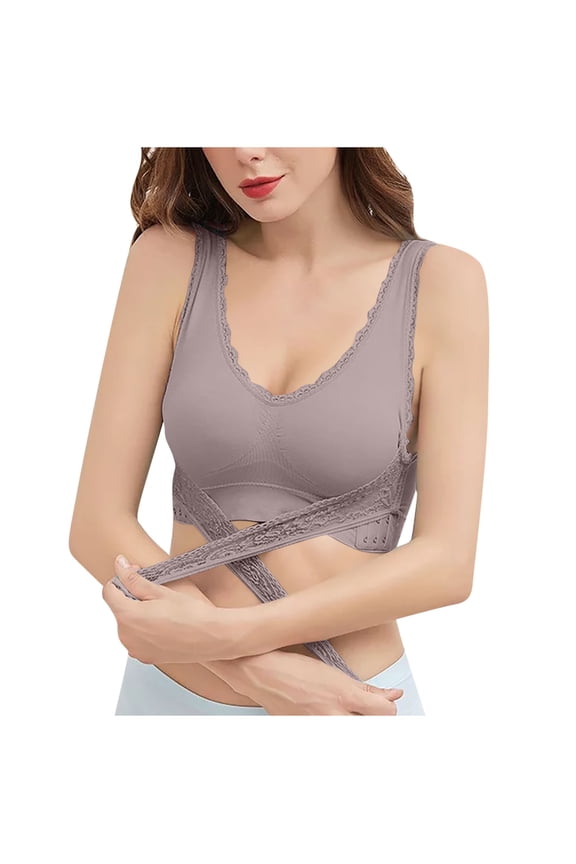 Wide Strap Lace V Neck Cross Back Closure Wireless Bra Side Fat Contouring Plus Size Friendly Everyday Bra Gray L