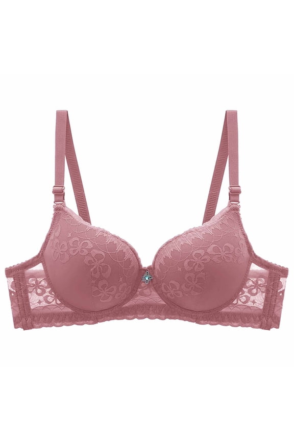 Women Bottom Floral Lace V Neck Wireless Bra Thin Adjustable Straps Gentle Push Up Side Smoothing Elegant Daily Bra Pink 36