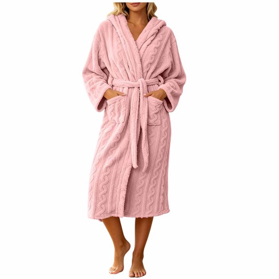 MGDXOX Women Cable Knit Fuzzy Hooded Bath Robe, Soft Fluffy Mid Length Loungewear Robe with Pockets & Self Tie Belt, Cozy Warm Sleep Robe for Shower Spa All Seasons Pink L