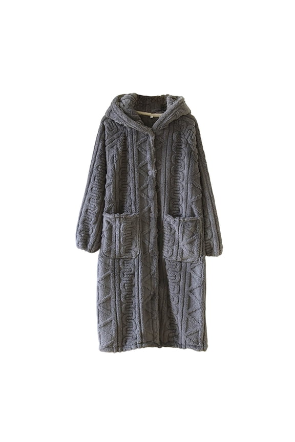 Women Cable Textured Hooded Button Front Long Plush Fleece Robe Warm Loungewear Coat Gray M