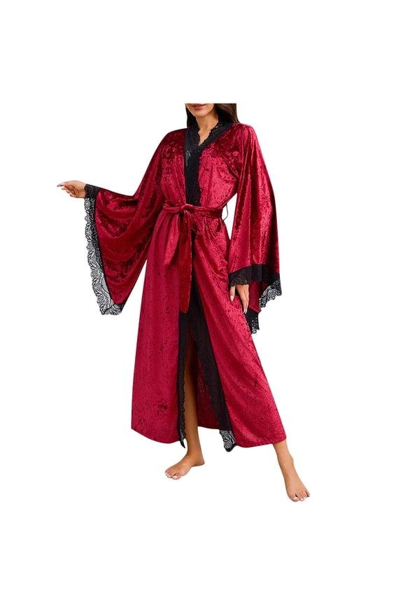 Women Crushed Velvet Lace Trim Bell Sleeve Long Wrap Robe Luxury Spa Lingerie Night Gown Red M
