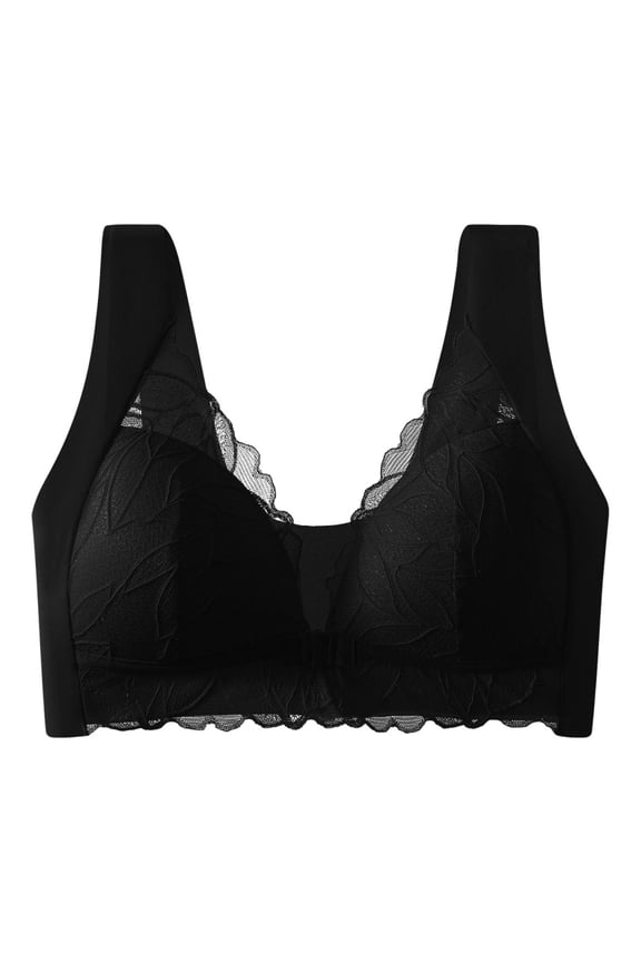 Women Deep V Leaf Sheer Lace Wireless Bra Wide Adjustable Straps Front Closure Side Smoothing Elegant Breathable Everyday Bra Black XL