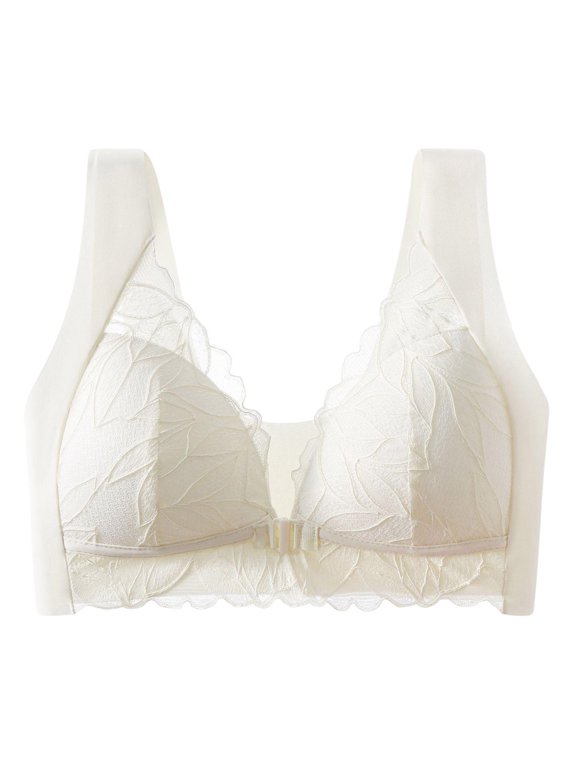 Women Deep V Leaf Sheer Lace Wireless Bra Wide Adjustable Straps Front Closure Side Smoothing Elegant Breathable Everyday Bra White XXL