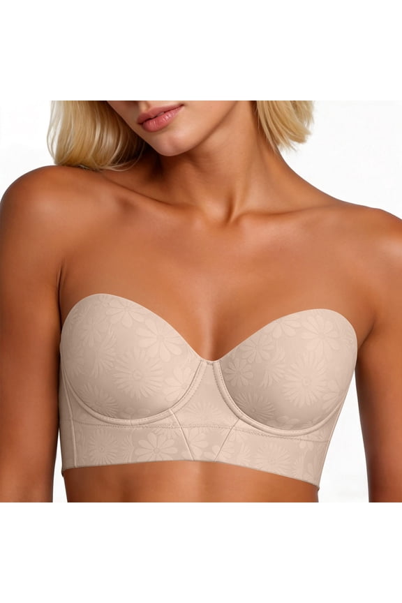 Women Floral Jacquard Strapless Underwire Bra Non Slip Molded Cup Full Coverage Wedding Evening Party Bra Beige 36C
