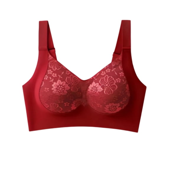 MGDXOX Women Floral Mesh Seamless Wireless Bra Wide Adjustable Straps Removable Pads Everyday Sleep Support Bra Red L