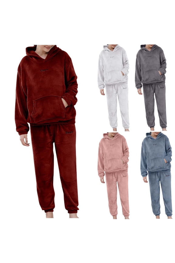 Women Fluffy Pajamas Set Winter Warm 2 Piece Plush Pullover Hoodies Pants Fuzzy Fleece Sleepwear Lounge Pjs with Pocket Red Free Size
