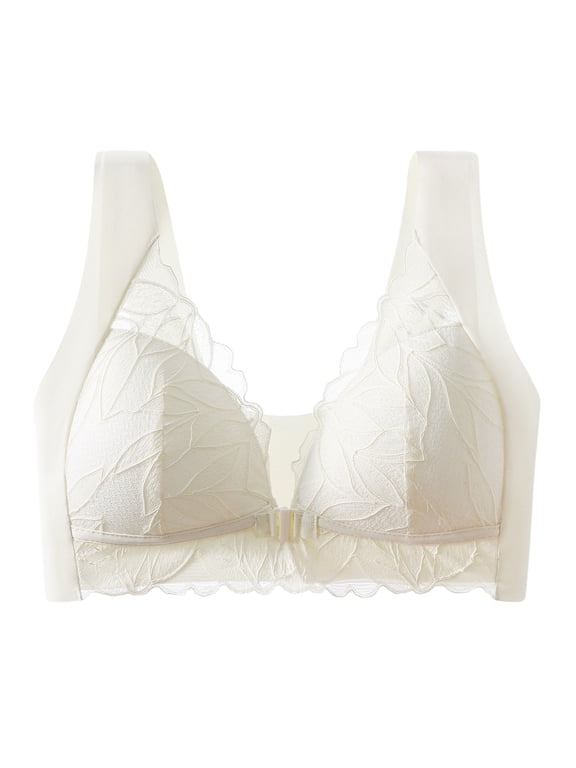 Women Front Closure Leaf Lace Wireless Bra Wide Comfort Straps Full Coverage Side Smoothing High Elastic Inclusive Plus Size Everyday Elegant Lingerie Bra White XXL