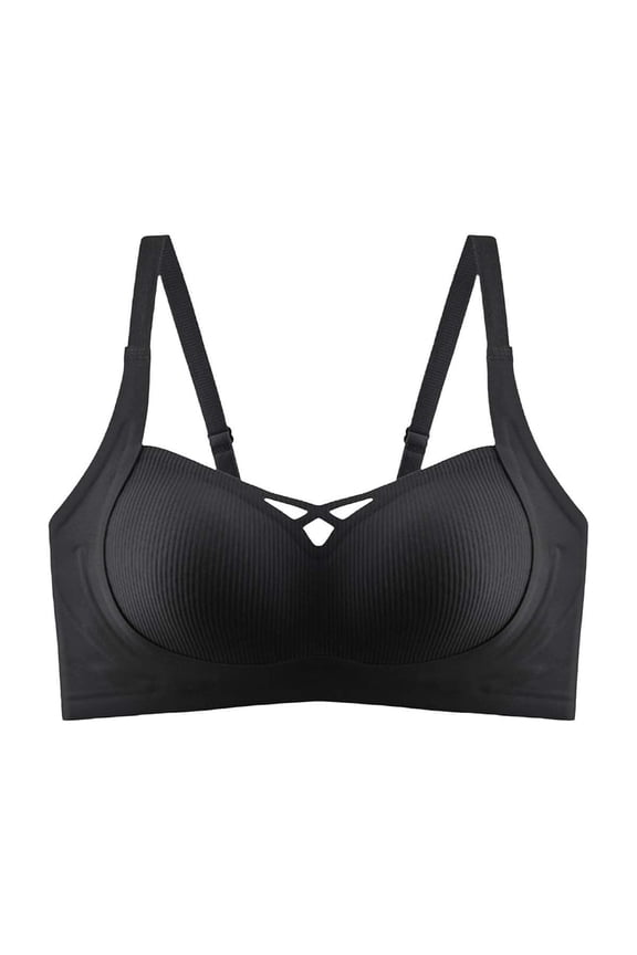 Women Front Crisscross Hollow V Neck Ribbed Wireless Bra Adjustable Thin Straps High Elastic Breathable Fashion Everyday Lingerie Bra Black M