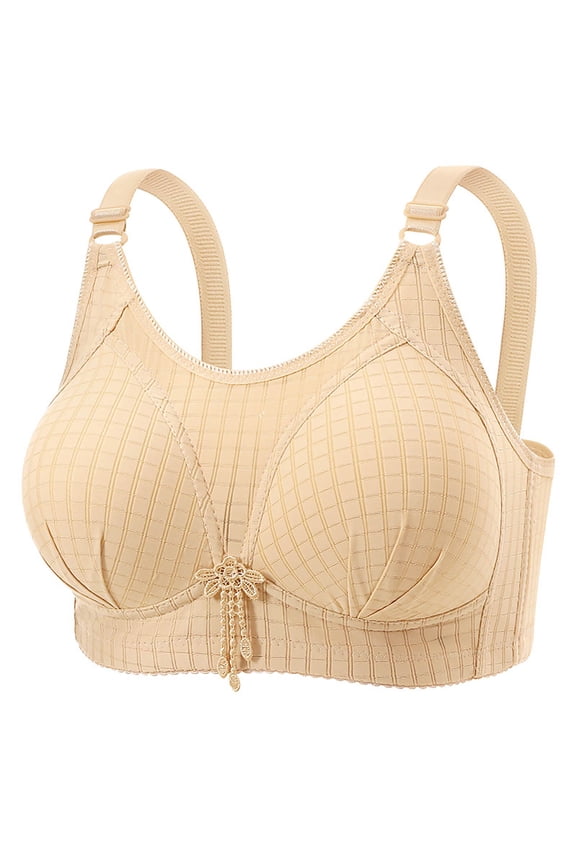 Women Grid Jacquard Full Coverage Underwire Bra Wide Adjustable Comfort Straps Side Smoothing Firm Lift Side Fat Gathering Inclusive Plus Size Everyday Support Bra Beige 44