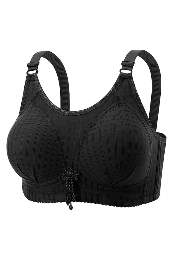 Women Grid Jacquard Full Coverage Underwire Bra Wide Adjustable Comfort Straps Side Smoothing Firm Lift Side Fat Gathering Inclusive Plus Size Everyday Support Bra Black 44