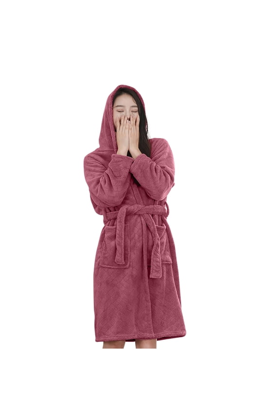 Women Hooded Diamond Quilted Coral Fleece Bath Robe Thick Warm Wrap Spa Robe with Pockets Pink Free Size