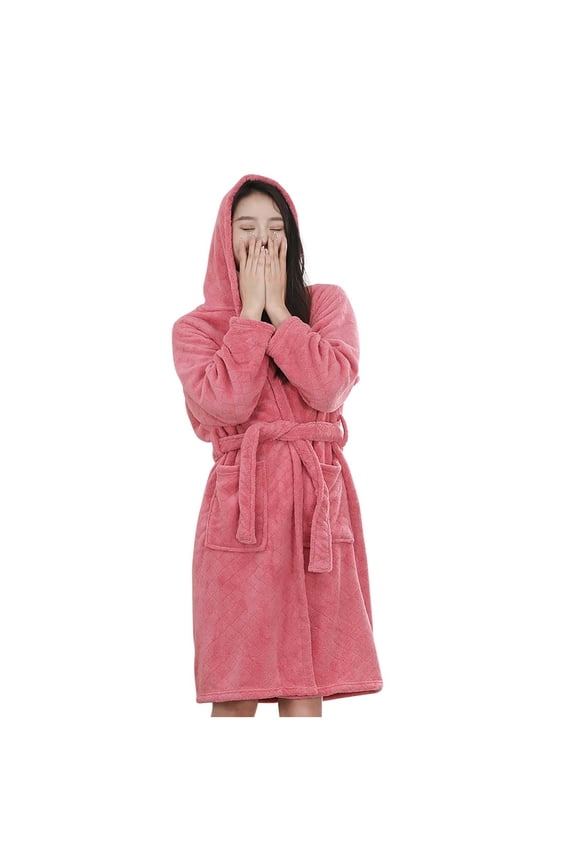 Women Hooded Diamond Quilted Coral Fleece Bath Robe Thick Warm Wrap Spa Robe with Pockets Watermelon Red Free Size