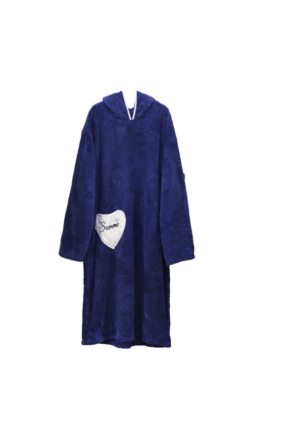 Women Hooded Plush Fleece Long Bath Robe Heart Patch Pocket Warm Wrap Loungewear Night Robe Blue Free Size