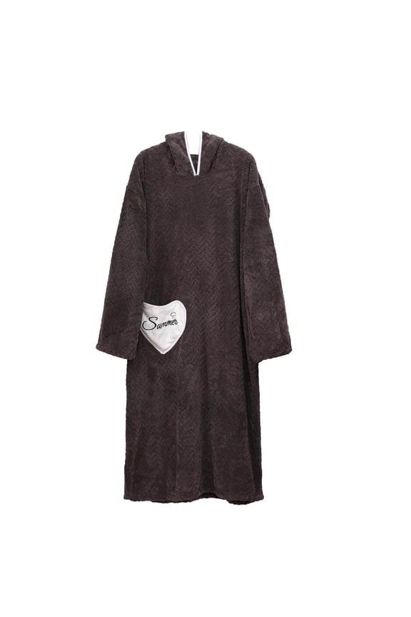 Women Hooded Plush Fleece Long Bath Robe Heart Patch Pocket Warm Wrap Loungewear Night Robe Coffee Free Size