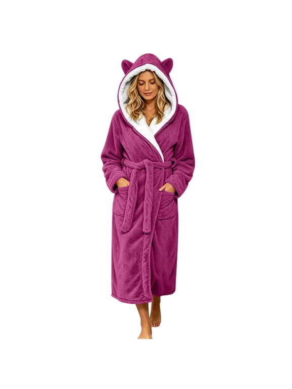 Women Hooded Sherpa Lined Bath Robe, Thick Warm Fluffy Wrap Spa Robe with Side Pockets & Self Tie Belt, Cozy Winter Loungewear Robe Hot Pink L