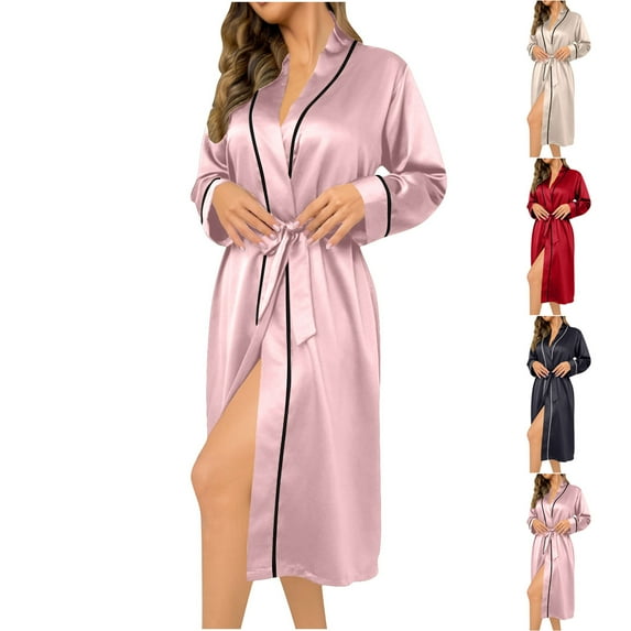 MGDXOX Women Kimono Robe Long Sleeve Pajamas Tie Waist Lightweight Lounge Midi Dress V Neck Soft Casual Loose Sleepwear Black XL