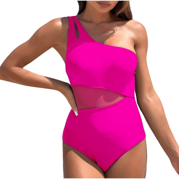 MGDXOX Women One Shoulder One Piece Swimsuits Full Coverage Cutout Mesh Bathing Suits Tummy Control Swimwear Hot Pink L